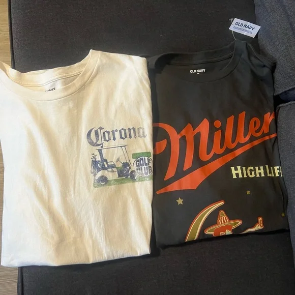 (2) Old Navy Mens 2XL Beer Short Sleeve T- Shirts Miller High Life Corona - Picture 1 of 12